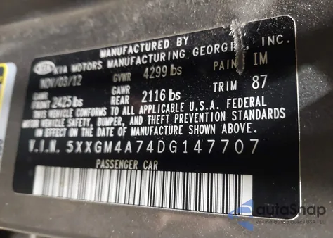 2013 Kia Optima Lx from USA, damaged, VIN 5XXGM4A74DG147707